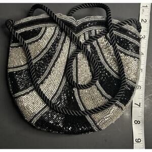 Black Silver Beaded Evening Bag with Rope Strap and Zip Closure Elegant Purse